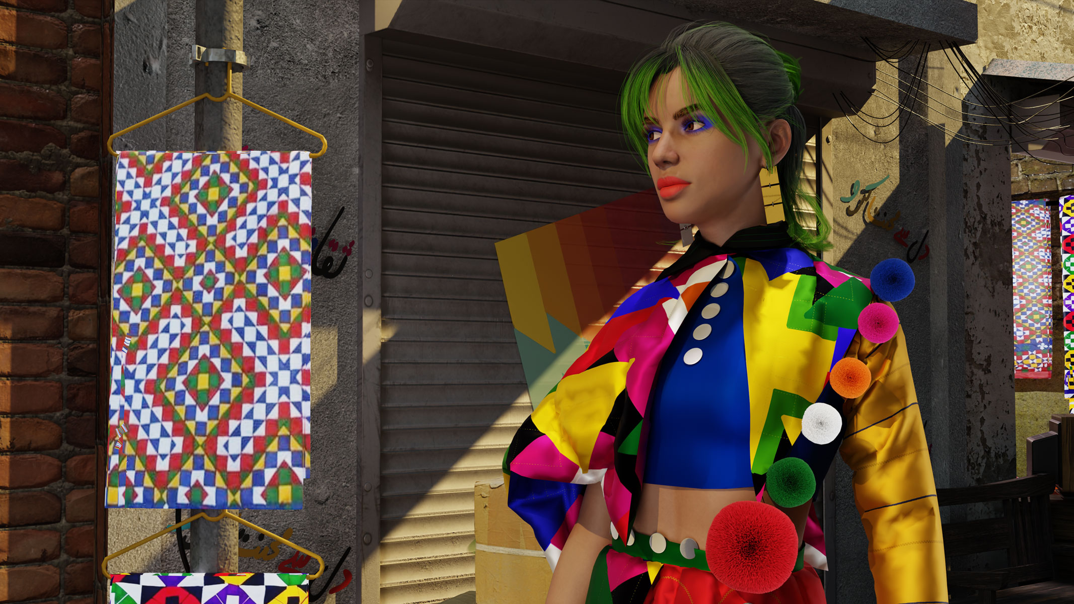 A close-up reveals intricate Ralli textile hanging, emphasizing heritage craftsmanship in contemporary context.