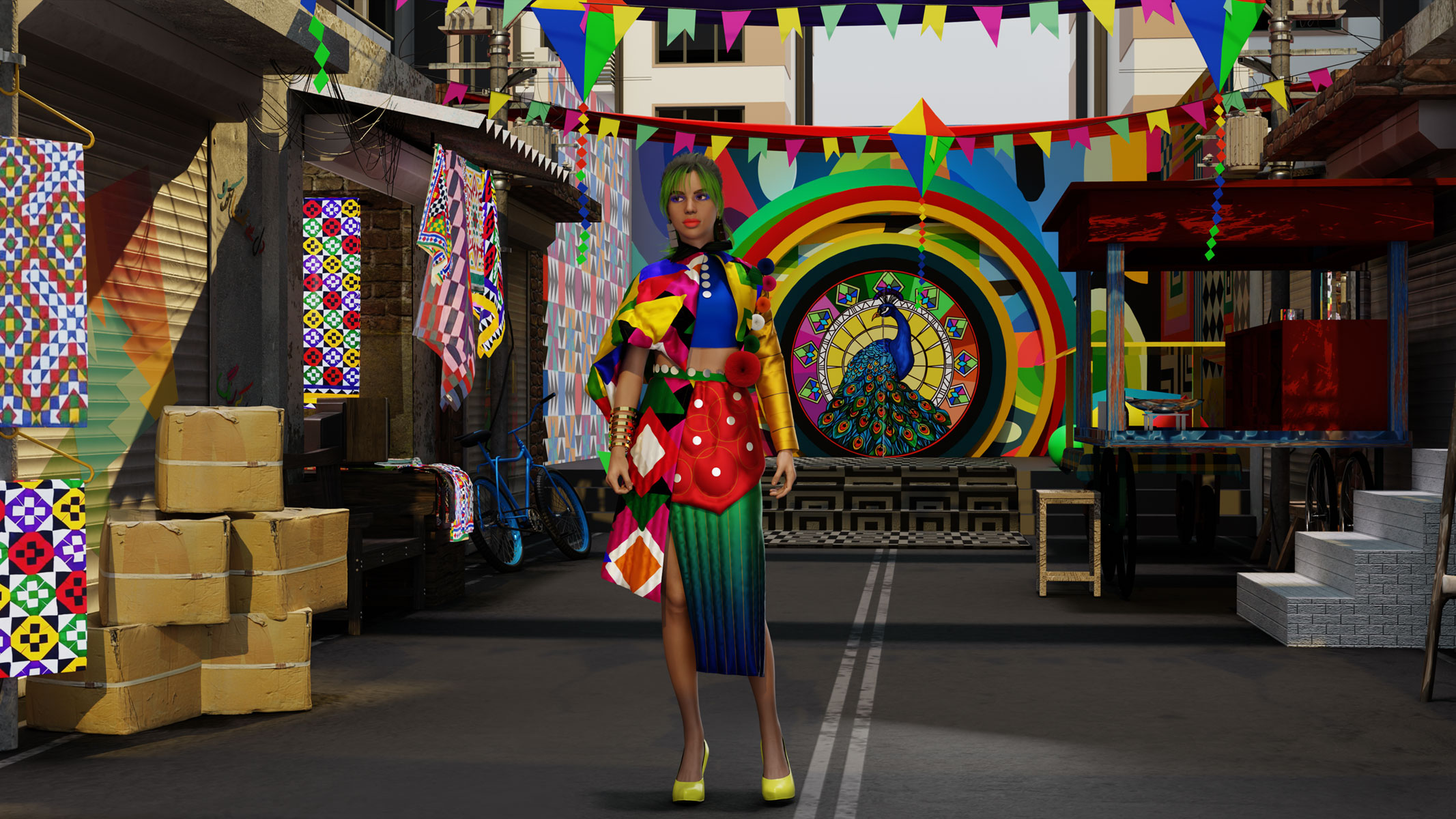 A confident model stands in a lively bazaar, merging culture with futuristic fashion identity.