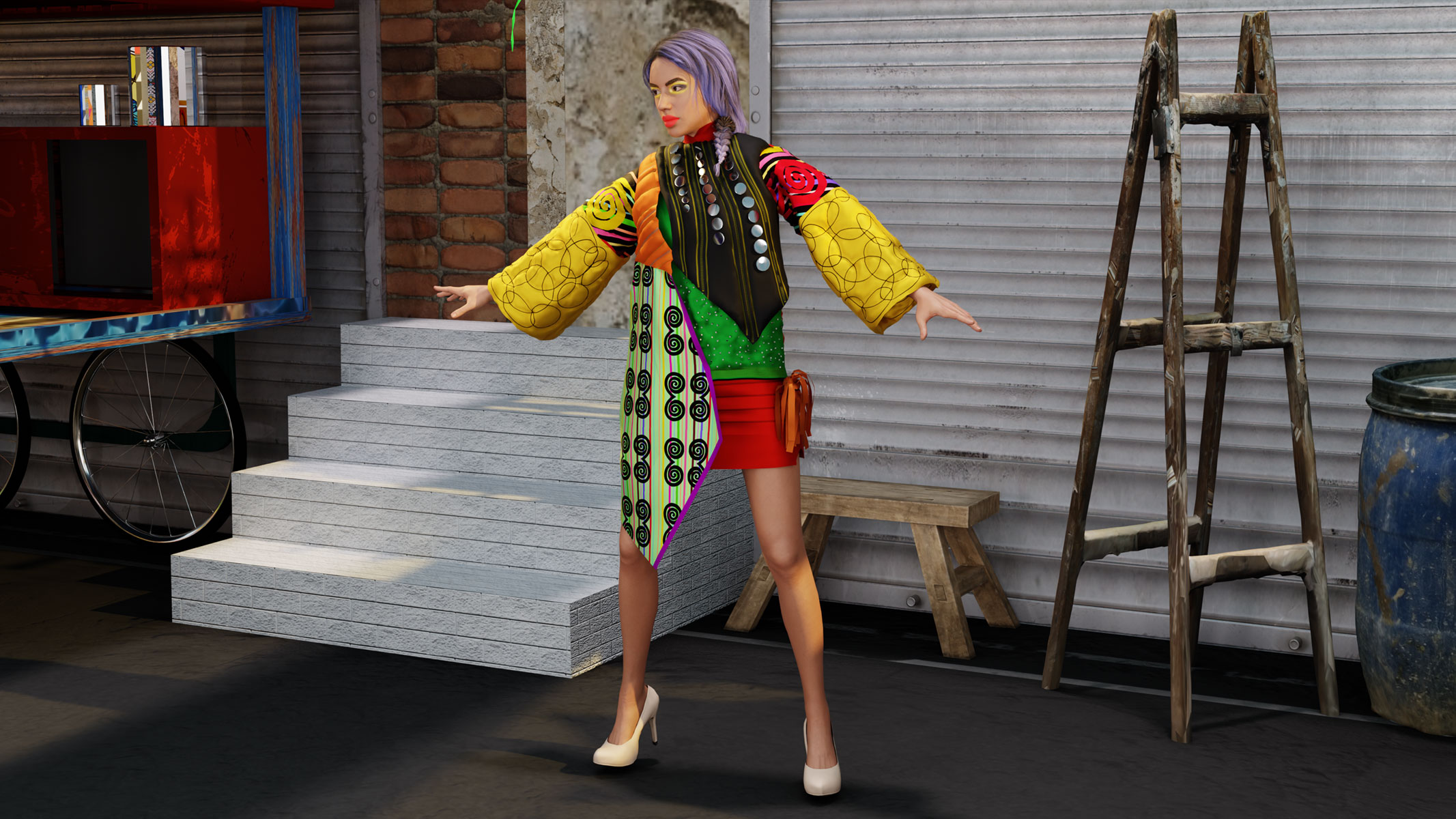 Individual model performs dramatically, highlighting the fusion of traditional motifs with avant-garde styling.